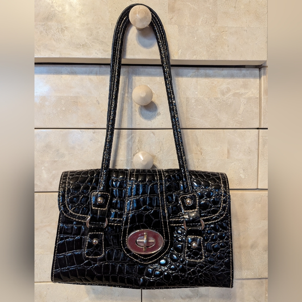 Black Crocodile-Embossed Shoulder Bag